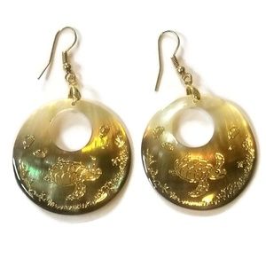 Gold Turtle Embossed Abalone Shell Dangle Earrings